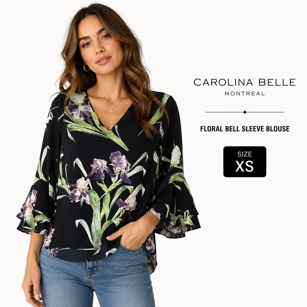 Carolina Belle Floral Blouse Women XS Black Purple Iris Bell Sleeve Boho‎ Office